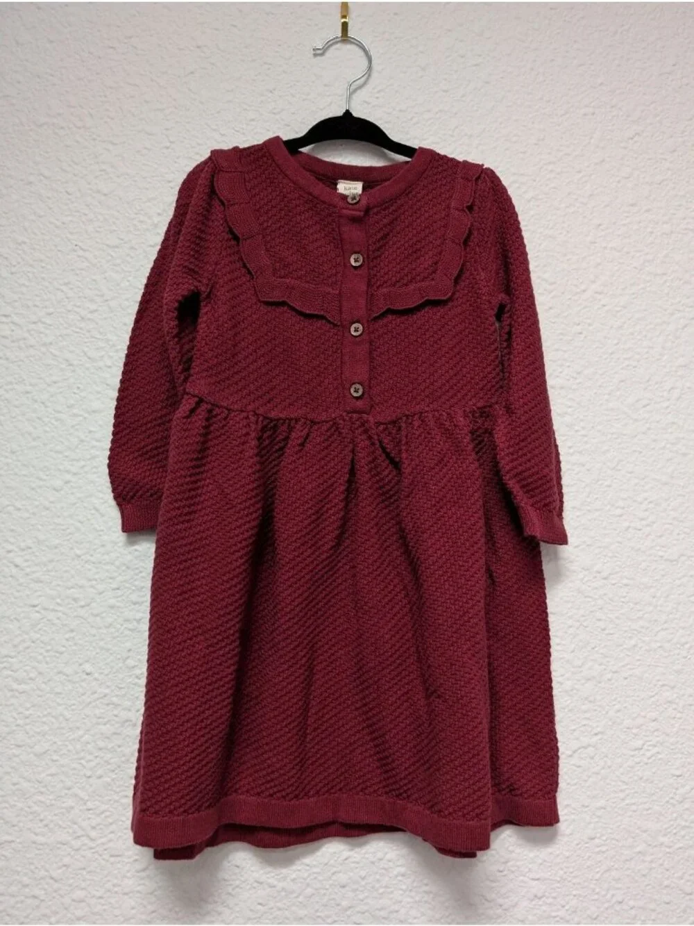 Kate Quinn Organic Cotton Sweater Ruffle Yoke Dress Ruby Wine Red 2T Christmas